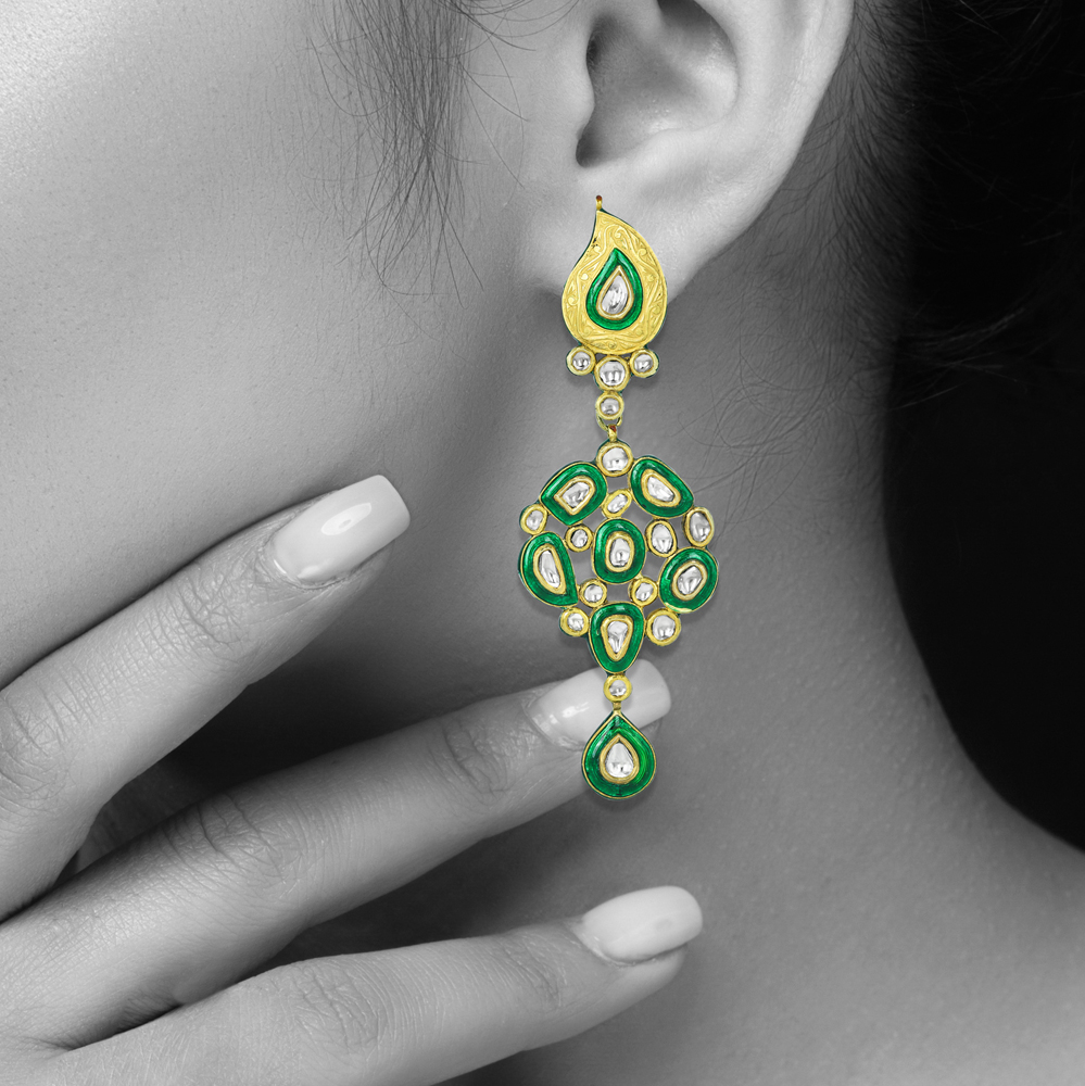 Cascading Polki Earrings with Green Enamel and Teardrops